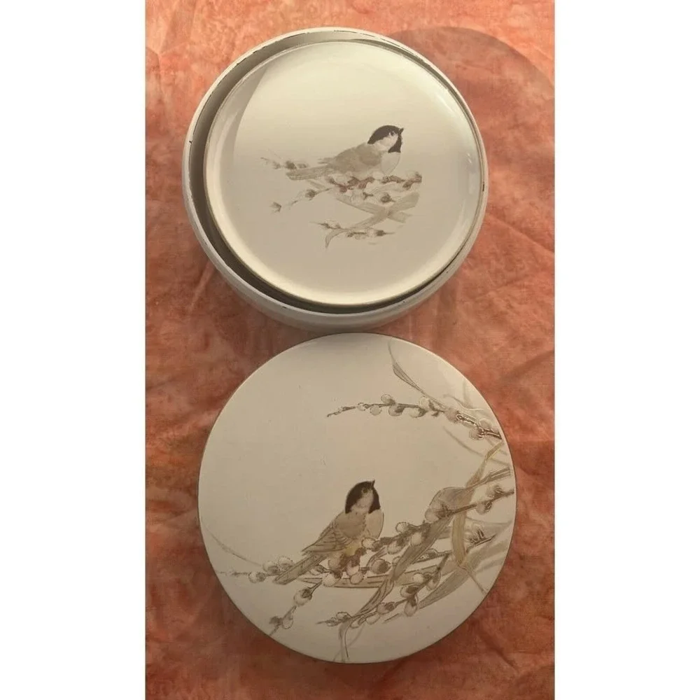 Vintage Otagiri Japan Lacquerware Bird Coasters Set of 6 w/ Round Box